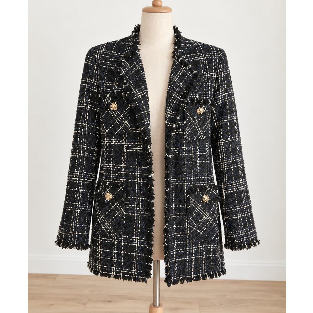Edward Achour Paris Tweed Blazer Jacket Size 46 Black Blue Gold Buttons Size 46